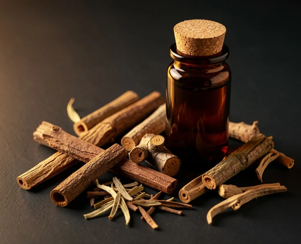 Natural supplement ingredients in amber jars