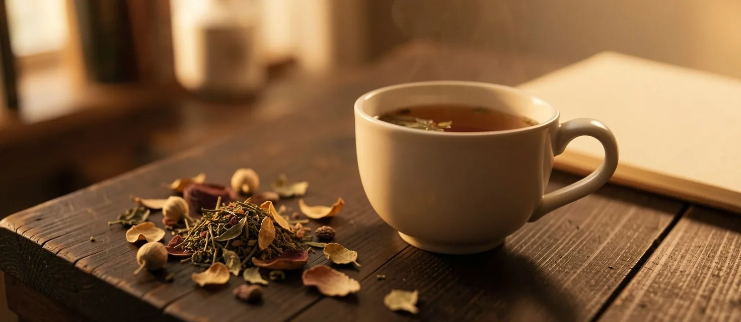 Calm herbal tea workspace with natural botanicals
