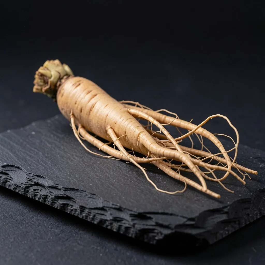 Single ginseng root on a dark surface