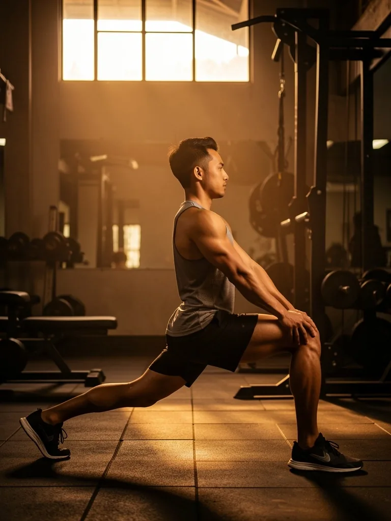 Man stretching in a dimly lit gym
