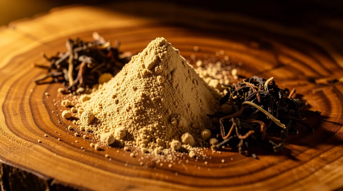 Mineral supplement powder in a mortar with warm lighting