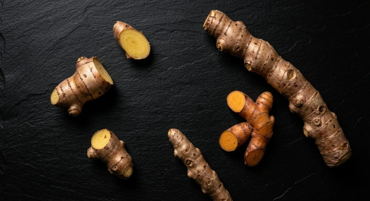 Natural botanical root ingredients on dark surface