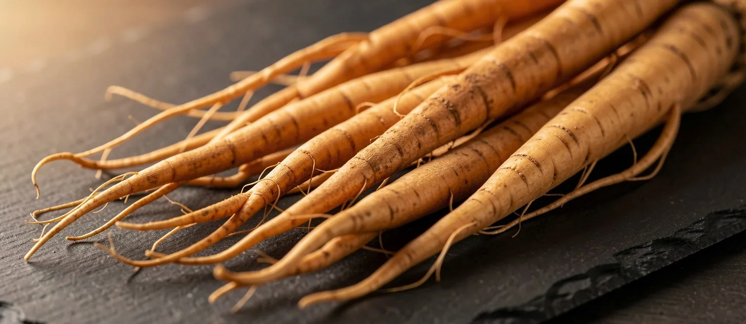 Panax ginseng roots on dark stone surface