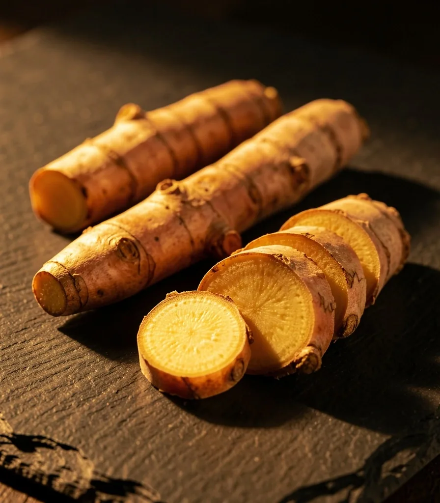 Fresh turmeric and temulawak roots on a dark surface