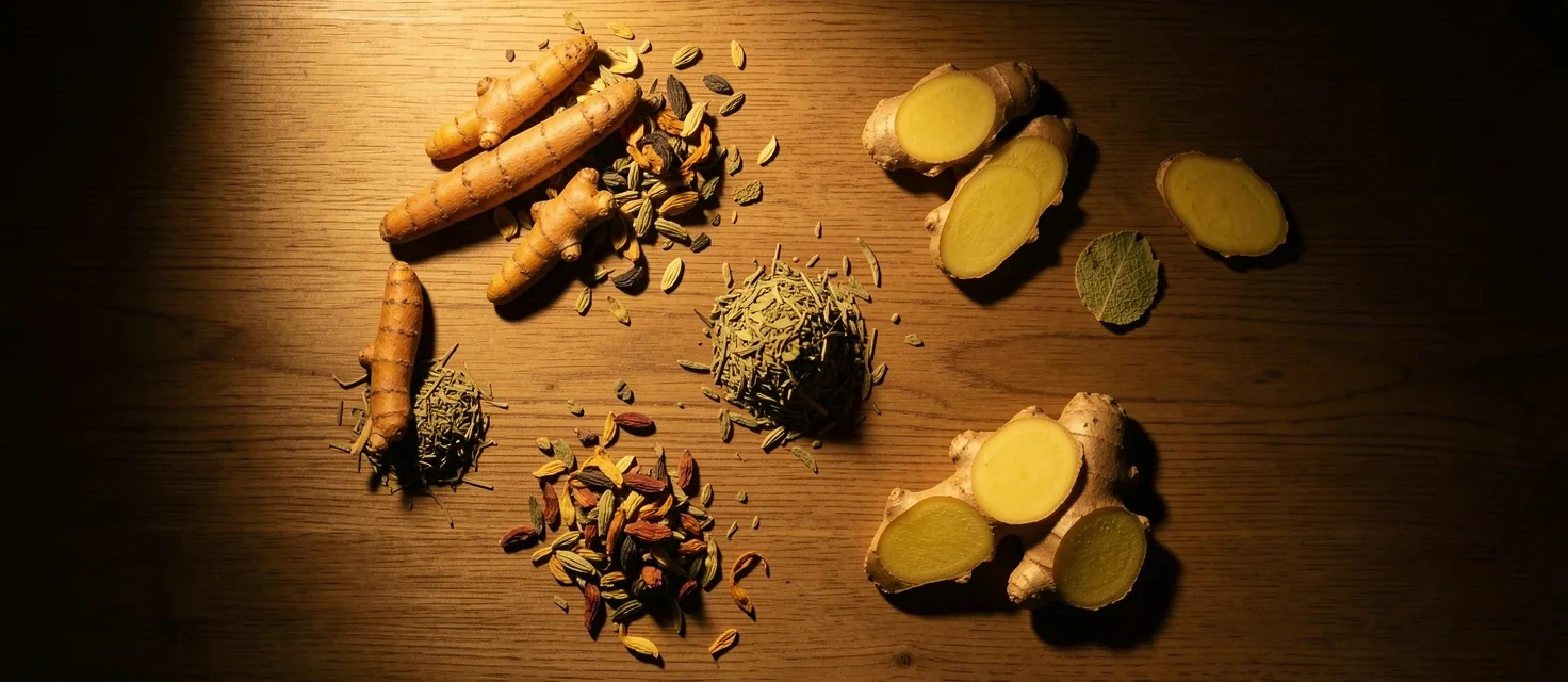Natural botanical ingredients arranged on a dark surface