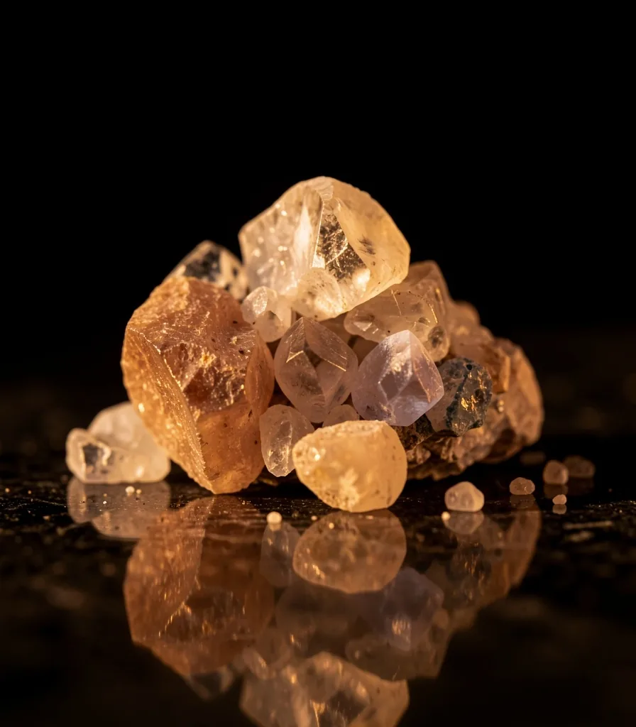Mineral crystals on a dark surface