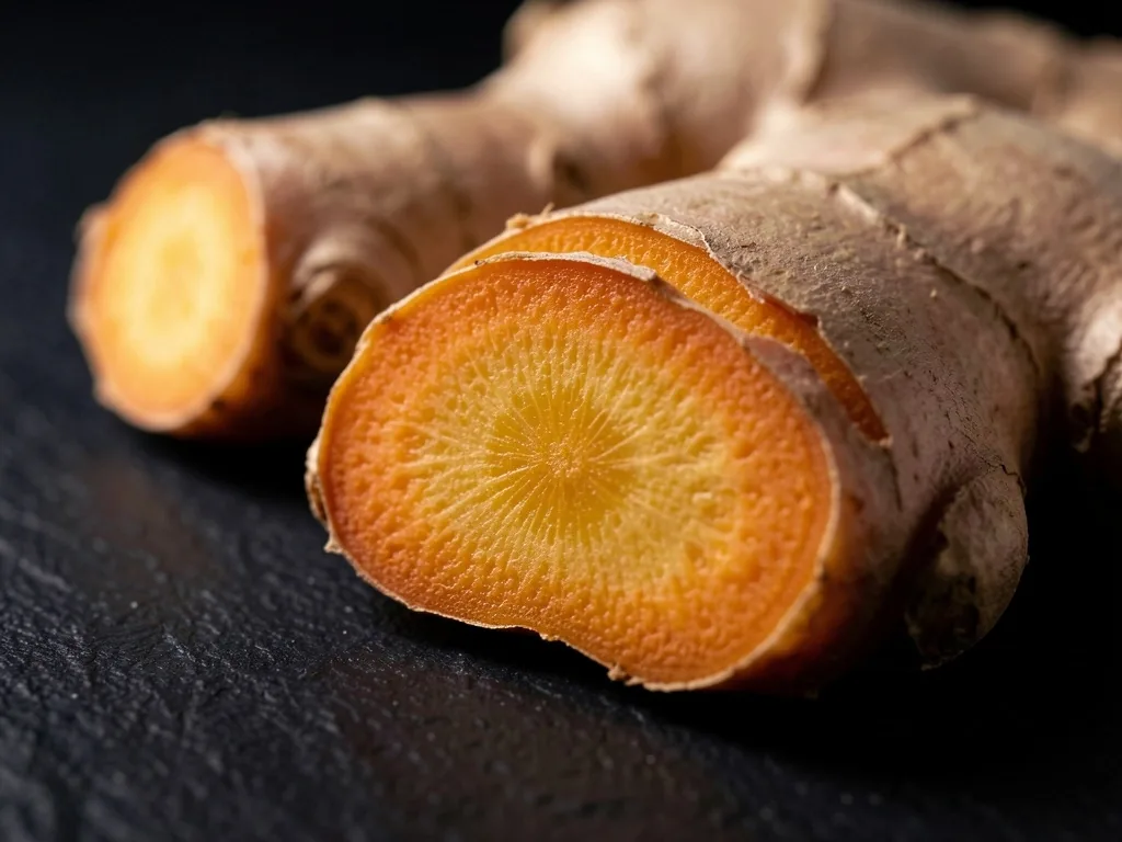 Dried turmeric and ginger roots on a dark stone surface